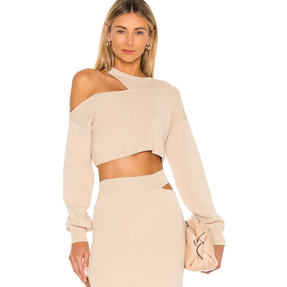 Michael Costello x REVOLVE Beige Tan Cut Out Oversized‎ Cropped Sweater XS Top